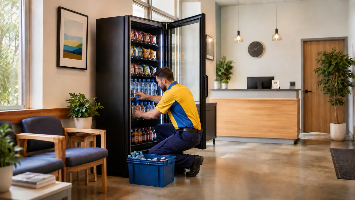 Modern vending machines in a tidy workplace break room